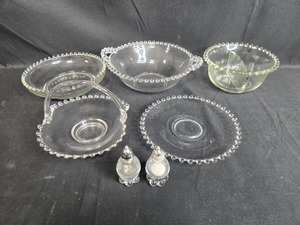 lot 115 image: Anchor Hocking Glass Serving Set with Plates, Bowls, Basket, and Salt Pepper Shakers