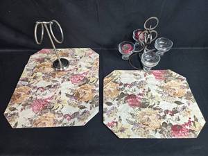 lot 116 image: Lot of Floral Placemats with Metal Napkin and Candle Holders