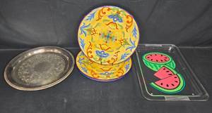 lot 119 image: Assorted Serving Tray and Decorative Plate Lot with Silver-Tone, Talavera, and Watermelon Motif