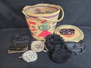 lot 131 image: Collection of Assorted Handbags, Coin Purses, and Woven Basket