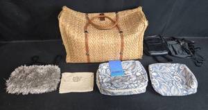 lot 133 image: Collection of Travel and Handbags Including Straw, Leather, and Fabric Bags