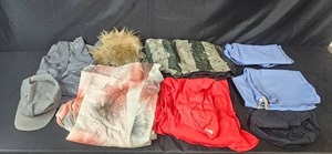 lot 144 image: Large Mixed Lot Vintage ClothingCostumes, Hats, Medical Scrubs, Bugle & Various Gloves, Stethoscope, and a Red FIORHEIM Bag