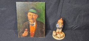 lot 151 image: Vintage Portrait Painting Signed A. Baumgartner and Hummel Figurine (chipped) Farm Boy
