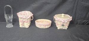 lot 160 image: Longaberger Pink Hope Basket Collection with Glass Basket and Inserts