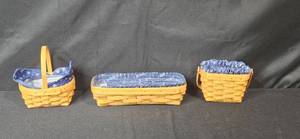 lot 185 image: Set of 3 Longaberger Handwoven Baskets with Blue Liners and Inserts