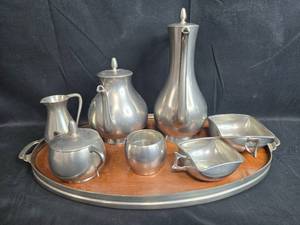 lot 163 image: Vintage Pewter Coffee and Tea Set with Serving Tray