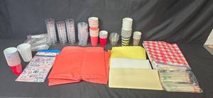lot 194 image: Party Supply Lot with Cups, Table Covers, Food Wrappers and Chopsticks in Storage Bin