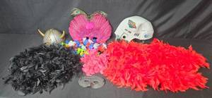 lot 195 image: Party Costume Accessory Lot with Feather Boas, Masks, Helmets, and Leis