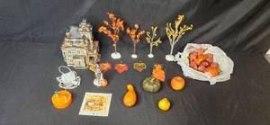 lot 196 image: Department 56 Halloween House, Figurine, Fall Decor Trees and Faux Fruit Lot