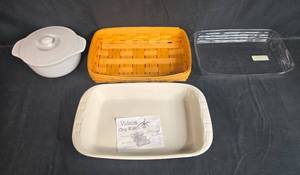 lot 203 image: Chantal Ceramic Baker and Covered Dish with Basket and Plastic Tray
