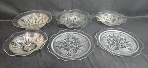 lot 210 image: Set of Vintage Pressed Depression Glass Serving Bowls and Plates with Floral Motif - Iris