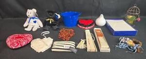 lot 212 image: Assorted Home Decor and Collectibles Lot with Plush Bears, Fans, Candle Holder, and Accessories
