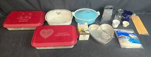 lot 214 image: Assorted Kitchenware Lot with Bakeware, Grater, Coffee Filters, and Tableware
