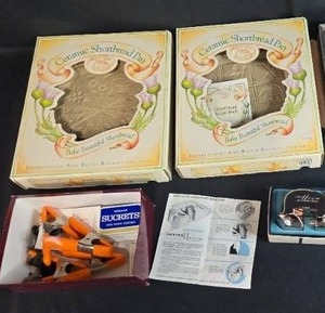 lot 217 image: VTG Kitchenware and Tools Lot with Ceramic Shortbread Pans, Mat Cutter, and Clamps