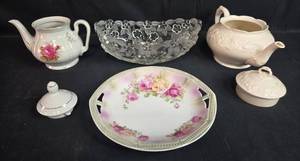 lot 218 image: VTG Assorted Vintage Porcelain and Glass Tableware with Floral Designs Inc Silesia
