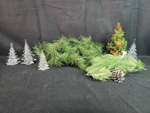 lot 220 image: Holiday Decor Lot with Glass Trees, Faux Pine Garland, and Mini Decorated Christmas Tree