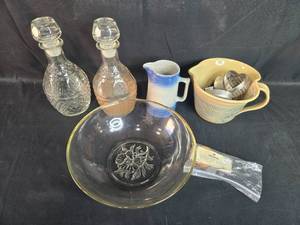 lot 222 image: Vintage Glass Decanters, Mixing Bowl, Pitcher and Baking Utensil Collection