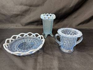 lot 238 image: Set of 3 Blue Fenton Opalescent Glassware Pieces with Lattice Edges