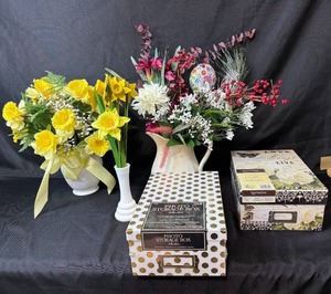 lot 244 image: Set of Faux Floral Arrangements and Decorative Photo Storage Boxes