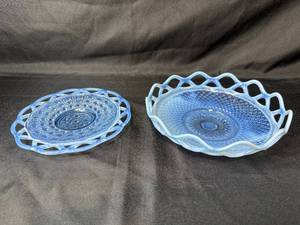 lot 250 image: Pair of Blue Fenton Glass Lace Edge Bowls with Pressed Pattern