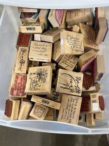 lot 260 image: Large Collection of Wooden Rubber Stamps with Sayings and Designs - drawer not inc