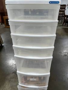 lot 261 image: 6-Drawer Storage Tower with Large Lot of Rubber Stamps - roller wheels in drawer - untested