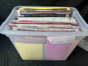 lot 268 image: Large Collection of Assorted Scrapbook Paper and Cardstock in Storage Bin