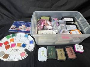 lot 269 image: Stamp Pad and Pastel Chalk Art Lot with Storage Bin