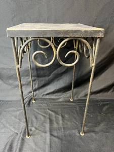 lot 272 image: Vintage Wrought Iron Plant Stand and Shawnee USA Pottery Planter (cracked) with Artificial Flowers