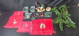lot 273 image: Assorted Holiday Decor Lot with Red Towels, Garland, and Figurines