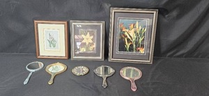 lot 280 image: Lot of 3 Framed Floral Art Prints and Vintage Hand Mirrors