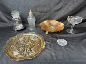lot 283 image: Vintage Depression Glassware Collection with Etched Goblet, Footed Bowl, Tray, and Shakers