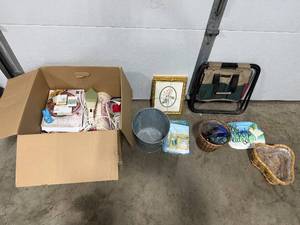 lot 286 image: Assorted Home Decor and Storage Items with Framed Art and Baskets