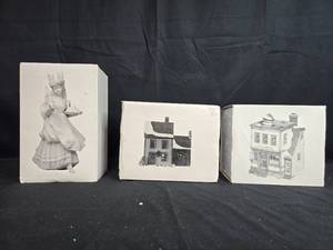 lot 292 image: Set of 3 Dept 56 Porcelain Collectibles Bens Barber Shop, Livery Stable & Boot Shop, Santa Lucia