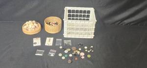 lot 311 image: Assorted Buttons with Wicker Basket, and Plastic Bin