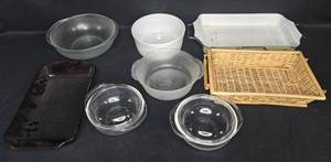 lot 330 image: VTG Collection of Glass and Ceramic Bakeware with Wicker Basket