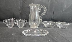 lot 333 image: Imperial Glass Pitcher, Sugar, Creamer, Bowls, and Tray Set with Bubble Handles