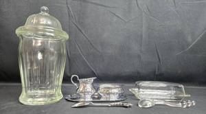 lot 335 image: VTG Glass Kitchenware and Silverplate Serving Set with Jar, Butter Dish, Creamer, and Spoons
