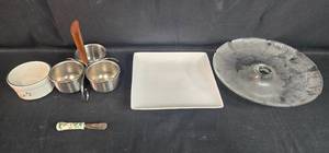 lot 337 image: Assorted VTG Kitchenware Set with Glass Platter, Square Plate, and Bowls
