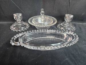 lot 344 image: Imperial Candlewick Glass Serving Set with Covered Dish and Candle Holders