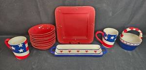 lot 346 image: Patriotic Stoneware Dinnerware Set with Bowls, Mugs, Plates, and Tray