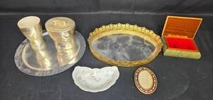 lot 349 image: Lot of VTG Decorative Household Items Including Gold Rimmed Tray, Jeweled Box, and Porcelain Pieces