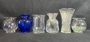 lot 351 image: Set of Assorted Glass Flower Vases Including Blue and Clear Designs