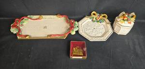 lot 355 image: Fitz and Floyd Holiday Ceramic Serving Tray, Coaster, Trinket Box, and Ornament Set