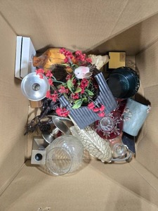 lot 372 image: Box Lot of Assorted Home Decor and Collectibles Inc Pair of Mikasa Ruby Crystal Candle Holders & The White House Holiday Ornament
