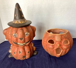 lot 14 image: Pair of Painted Terra Cotta Jack-o-Lanterns #1
