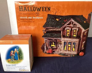 lot 38 image: Dept. 56 Halloween Screech Owl Farmhouse and Strangers Beware
