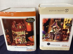 lot 94 image: Dept. 56 Halloween Hair Today, Gone Tomorrow and  Bewitching Costume Shop