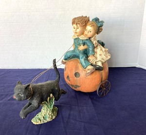 lot 142 image: Brittany Lowe Halloween Children on Pumpkin Cart Pulled By Black Cat