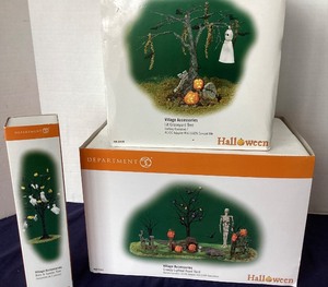 lot 154 image: Trio of Dept. 56 Halloween Creepy Lighted Front Yard, Lit Graveyard Tree and Bats & Spooks Tree